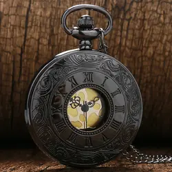Черный полые римские цифры кварц Подвеска карманные часы с Цепочки и ожерелья цепь бесплатная доставка