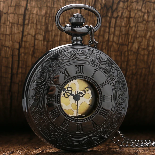 Black Hollow Roman Numerals Quartz Pendant Pocket Watch With Necklace Chain Free Black Hollow Roman Numerals Quartz Pendant Pocket Watch With Necklace Chain Free