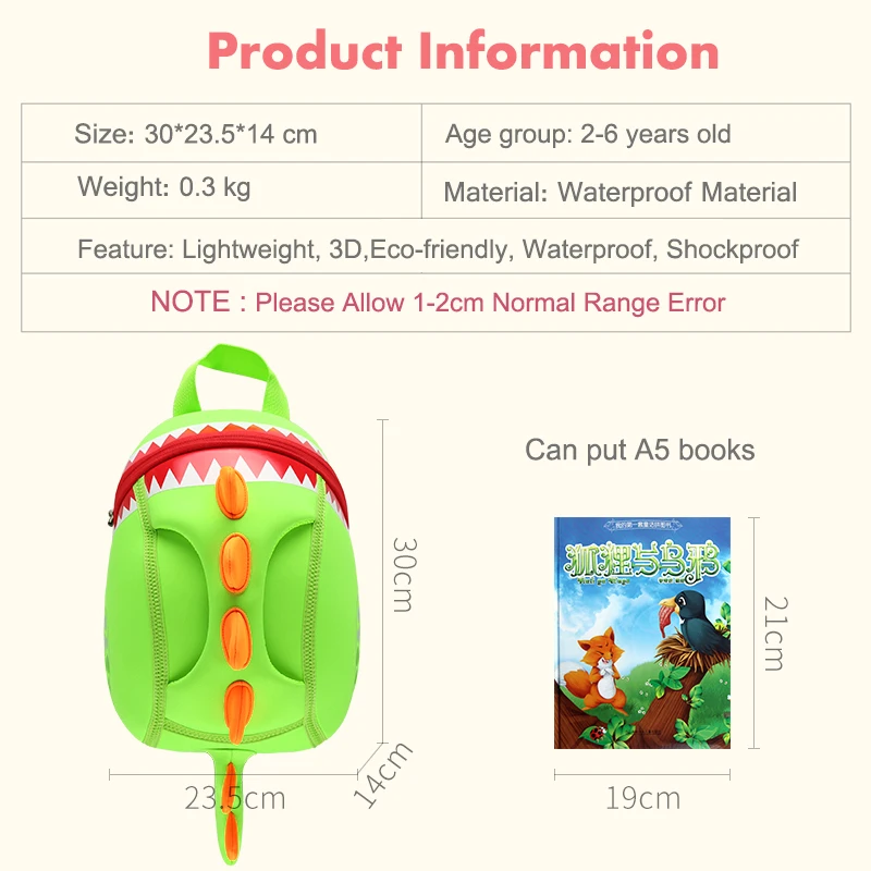 NOHOO детские школьные сумки водонепроницаемый в форме динозавра неопрена детские школьные сумки мальчиков девочек 3D мультфильм сумки для 2-5 лет