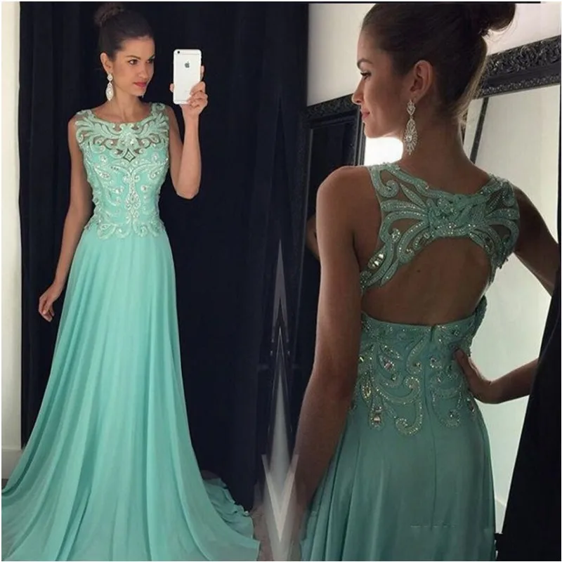 Vestidos De Fiesta De Gasa Largos Menta verde largo de gasa vestidos 2016 vestido de fiesta Sexy espalda