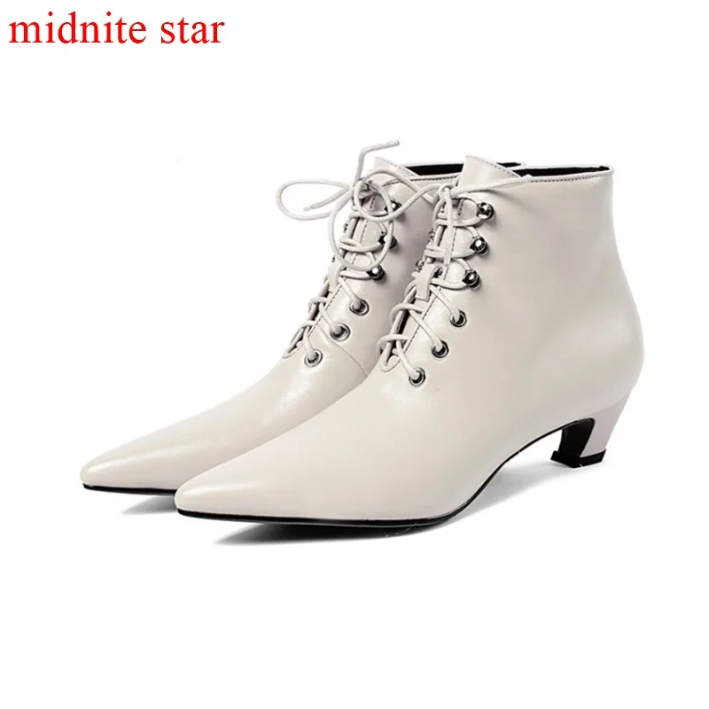 

midnite star Lady Ladies Shoes Rome Leather Plush Ankle Boots Zip Female Soft Plush Easy Walk Nice Black White Cow Leather Flat