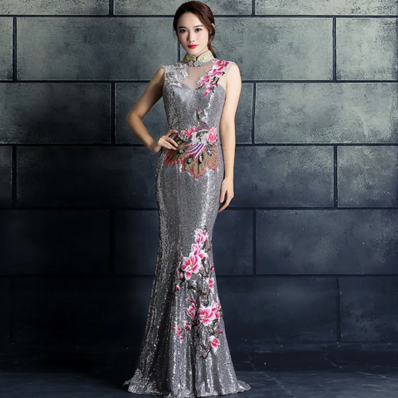 Red Chinese Wedding Dress Female Long Cheongsam Gold Slim Chinese Traditional Dress Women Qipao for Wedding Party embroidery - Цвет: Silver