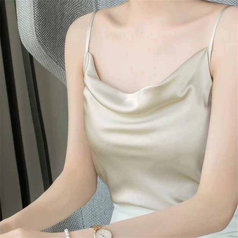 

Silk Top Women Summer Satin Halter Tops Women Korean Woman Sexy V Neck Tops Elegant Woman Black Top Tank Vest Streetwear Tee 2XL