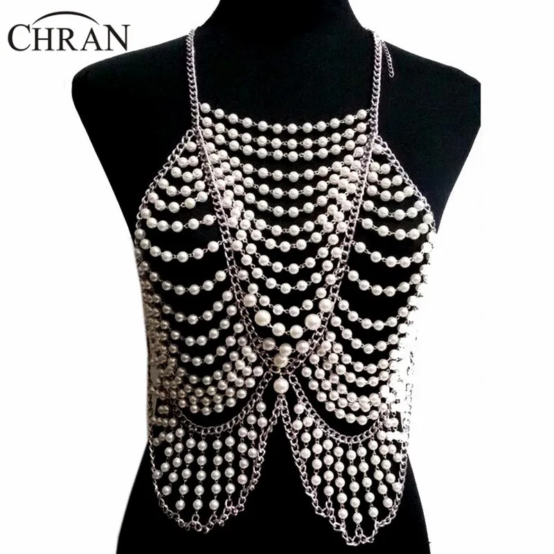 

Chran Fashion Women Full Body Multi Layer Faux Pearl Statement Necklace Chain Slave Necklace Beach Chain Halter Jewelry BDC397
