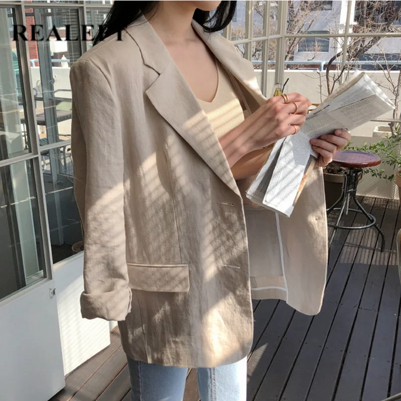 REALEFT Autumn New Arrival Solid Causal Single Breasted Women Jacket Blazer Notched Collar Female Suits Coats Fashion