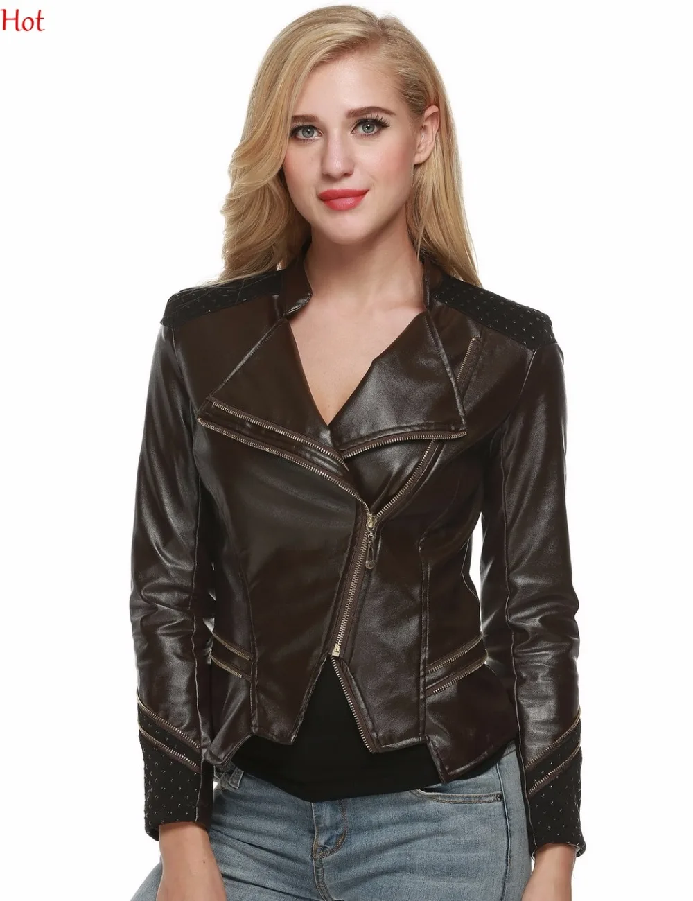 New Autumn Fashion Street Womens Short PU Leather Jacket Zipper Ladies