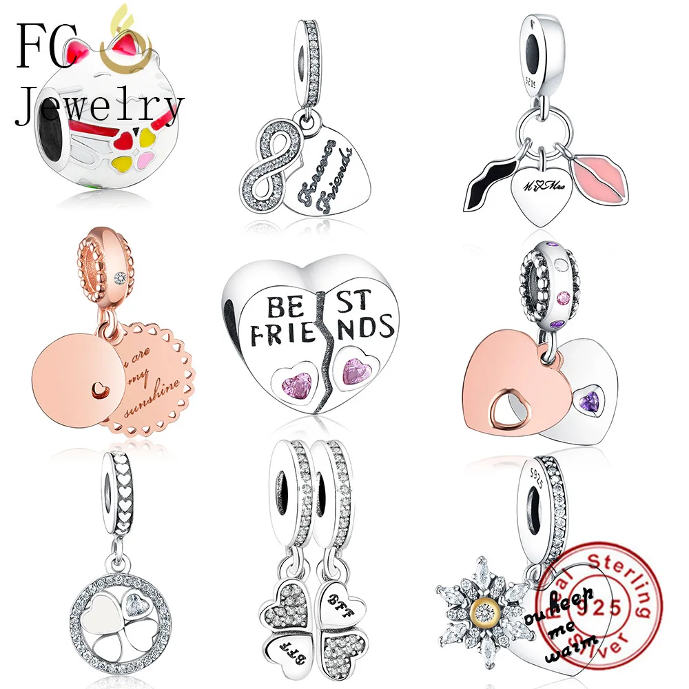 

FC Jewelry Fit Original Pandora Charms Bracelets 925 Sterling Silver Clover Friends Forever Pink CZ Heart Pendant Bead Berloque