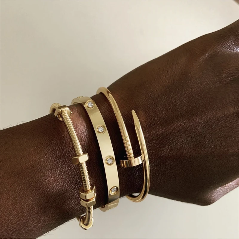 

Mavis Hare Screw and nut nail & Crystal Cuff Bangle Bracelet Set Stainless Steel Cuff Open Bracelet Bangle Woman Size