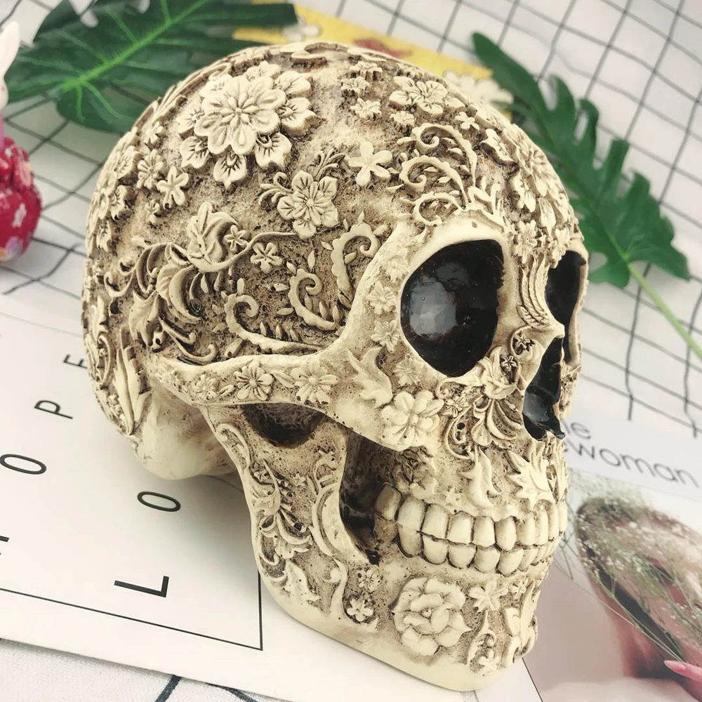 

1:1 life sized skull Horror Table Grade Decorative Craft Human Resin Skull Bone Skeletons Halloween Decoration Flower Ornaments