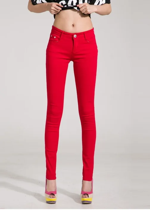 Осенние женские джинсы-карандаш, яркие цвета, средняя талия, полная длина, на молнии, облегающие узкие женские штаны, модные женские джинсы - Цвет: Red