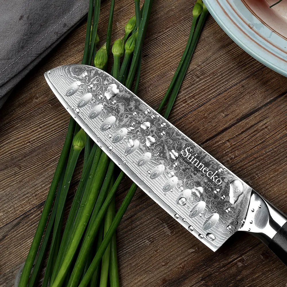 SUNNECKO 7 шт. Кухня Ножи набор шеф-повар хлеб Santoku нож для очистки овощей Ножи 73-Слои Дамаск VG10 Сталь Sharp Балде режущие инструменты