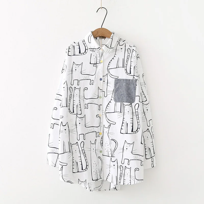 

2018 mori girl Cartoon multi cat printing long sleeve shirt blouse autumn tb