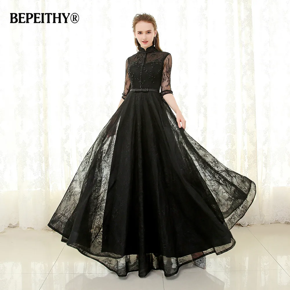 

BEPEITHY High Collar Long Evening Dress Formal Gowns Half Sleeves Vestido De Festa 2019 Full Length Cheap Lace Prom Dresses