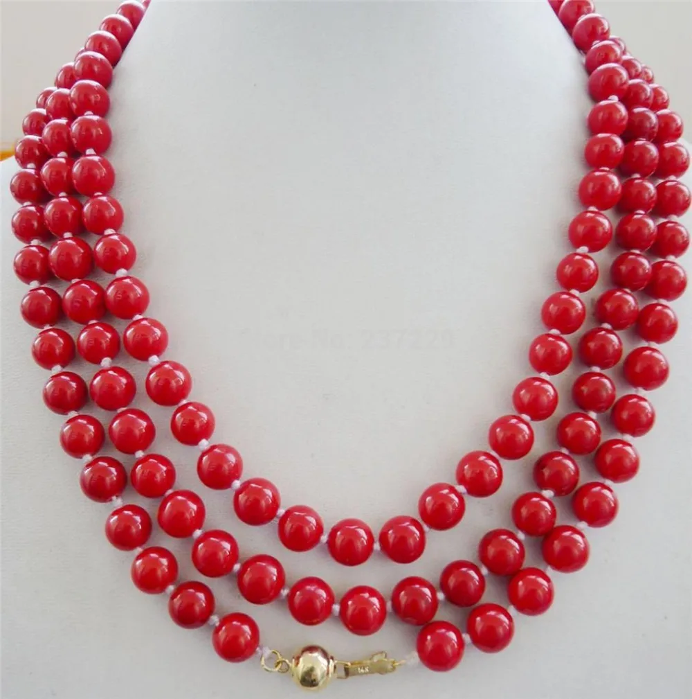 

DD Wholesale XSZ2014 ^natural 8mm red coral necklace 52 " 14KGP Solid Gold Clasp