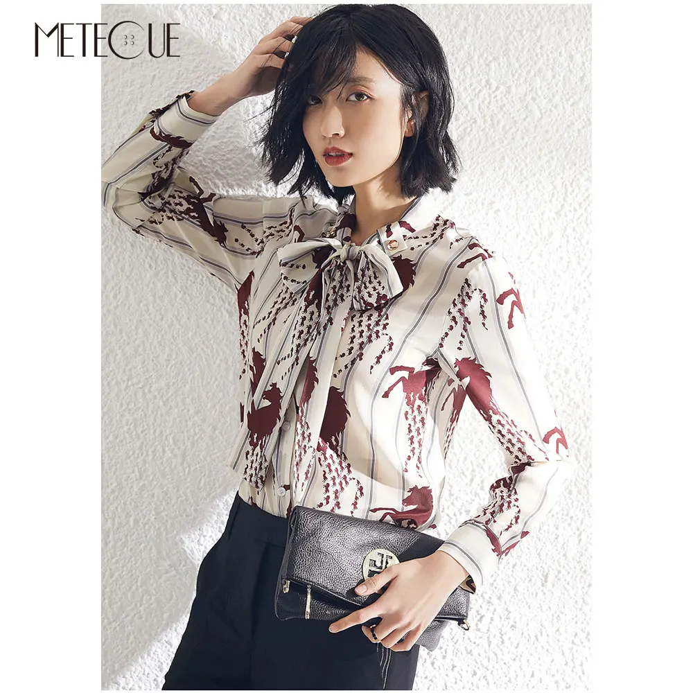 

100% Silk Women Blouse 2019 Spring Summer Fashion Printed Bow Tie Collar Women Tops 2019 Spring Summer