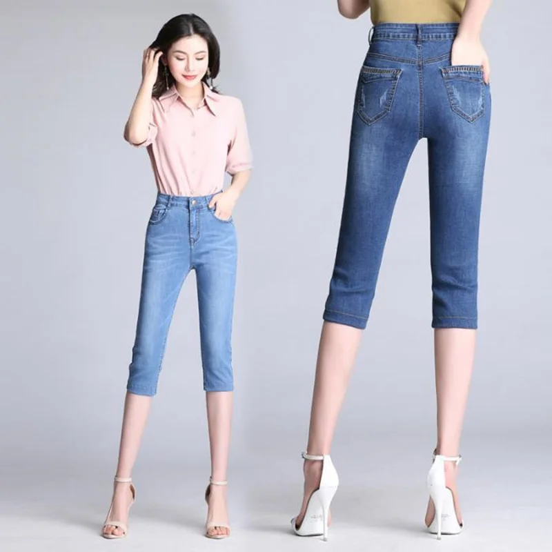 

2019 Summer Capris Skinny Women Jeans for Ladies Blue Ripped Mid Waist Calf Length Denim Jeans Shorts