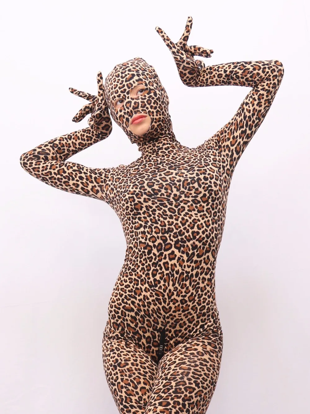 (MS011) Women sexy lycra cotton spandex wild leopard bodysuit pattern fetish catsuit/tights with open eyes/mouth