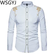 Брендовая мужская рубашка с вышивкой, рубашка с длинным рукавом, приталенная рубашка Camisa Masculina, повседневная мужская официальная рубашка с воротником-стойкой