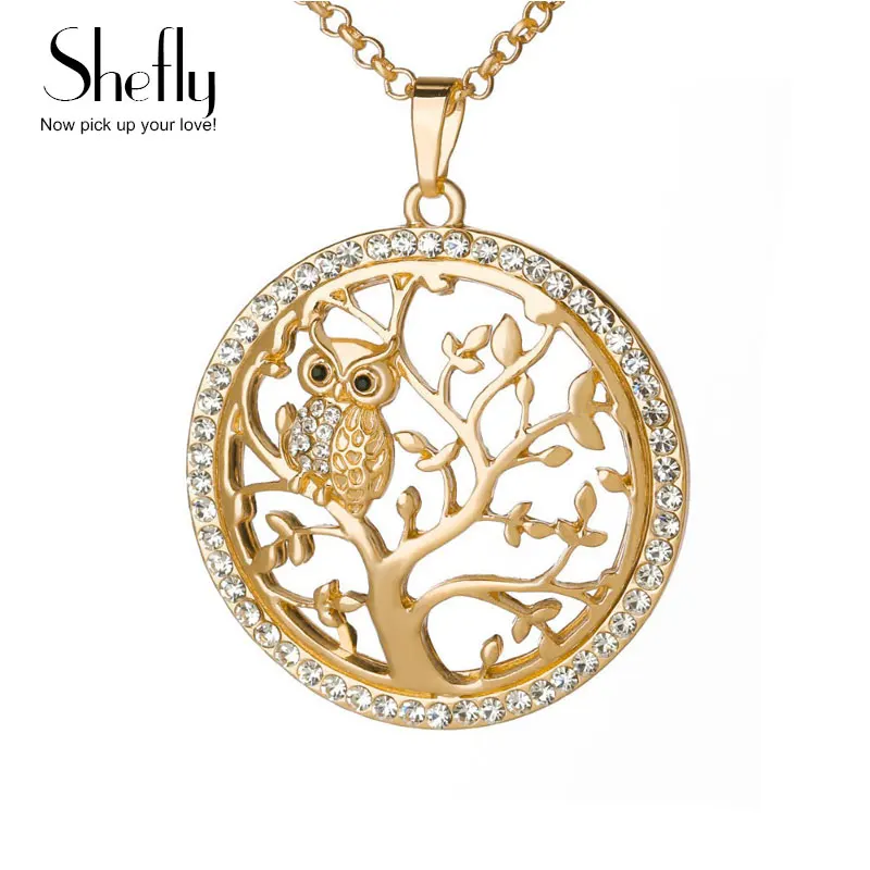 Small Owl Necklace Tree Of Life Pendant Rose Gold Women Sweater Chain