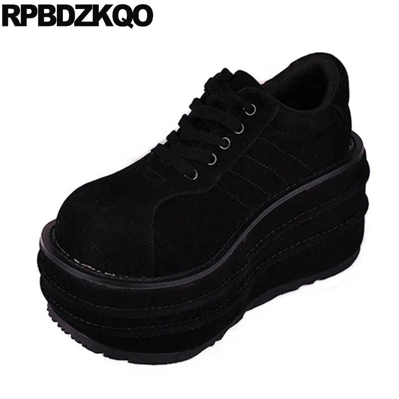 

China Creepers Platform Shoes Elevator Footwear Harajuku Black Muffin Women Lace Up Thick Sole Flats Beautiful Spring Autumn