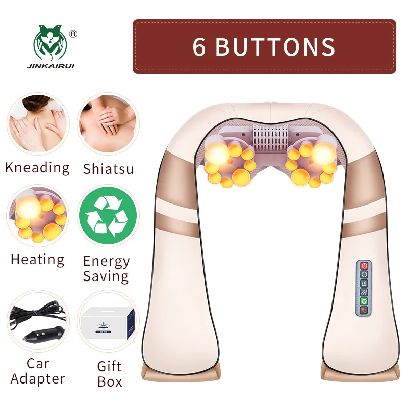 JinKaiRui u-образный Электрический шиацу массажер для тела, плеча, шеи, спины, инфракрасный 4D Массажер для разминания автомобиля, дома, лучший подарок для здоровья - Цвет: Gold 6 Buttons