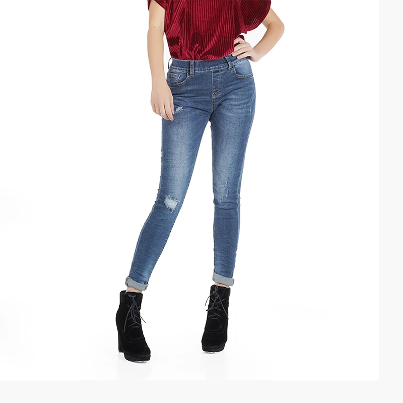

My will jeans Blue tight skinny high elastic band with hole fitness pants made in china 6336