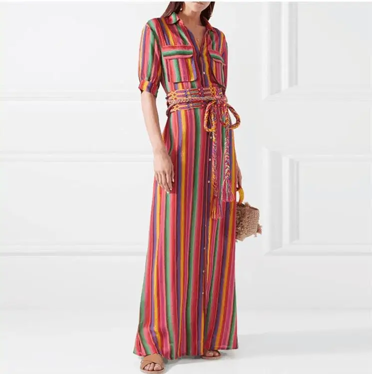 BellFlower Boho элегантное платье с отложным воротником в полоску, ретро карманы, женское платье макси, длинное платье-рубашка, вечерние, пляжные, женские платья