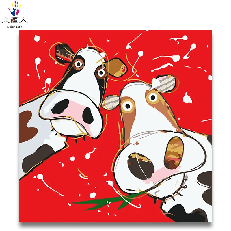 

Painting by numbers Two Red Cows cartoon animals pictures coloring by numbers with paint colors handmade for hoom wall decor