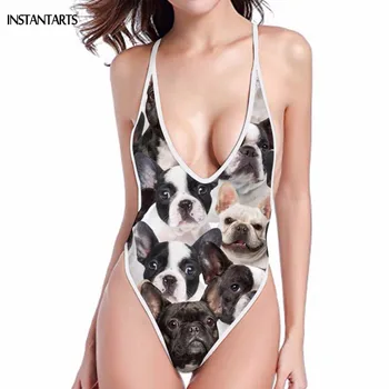 

INSTANTARTS Cute Boston Terrier/French Bulldog Print Woman Sexy One Piece Swimwear Deep V Monokini Womans Summer Swimming Suits