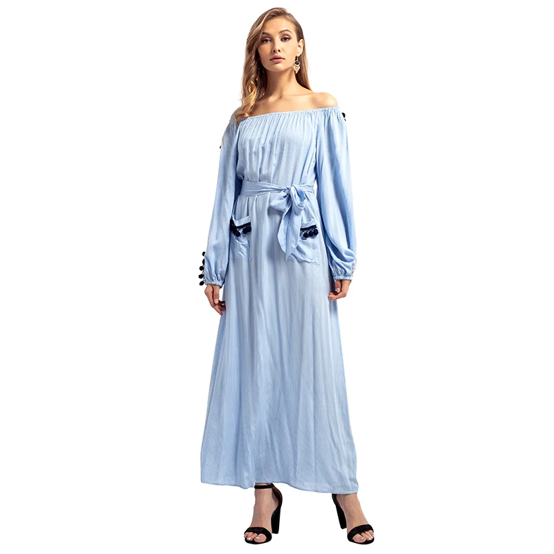 

Bohemia Slash Neck Maxi Dress Pocket Fashion Abaya Loose Long Robe Gowns Ethnic Vintage Swing Dress Muslim Islamic Clothing