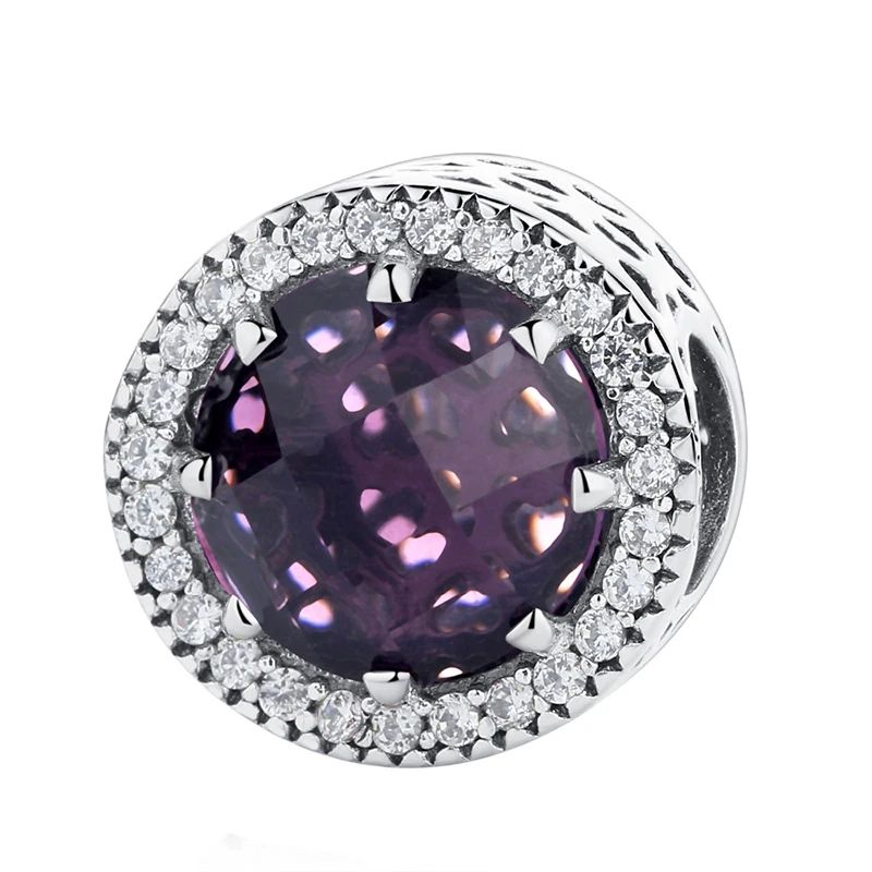 

Free Shipping 925 Sterling Silver Royal Purple Radiant Hearts Charms CZ Crystal Bead Fit Pandora Bracelet For Women DIY Jewelry