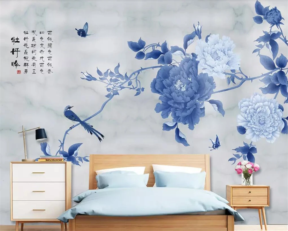 Beibehang Custom wallpaper Chinese Hand-painted pen Peony Birds and flowers Marble TV backdrop Home Decoration 3d wallpaper