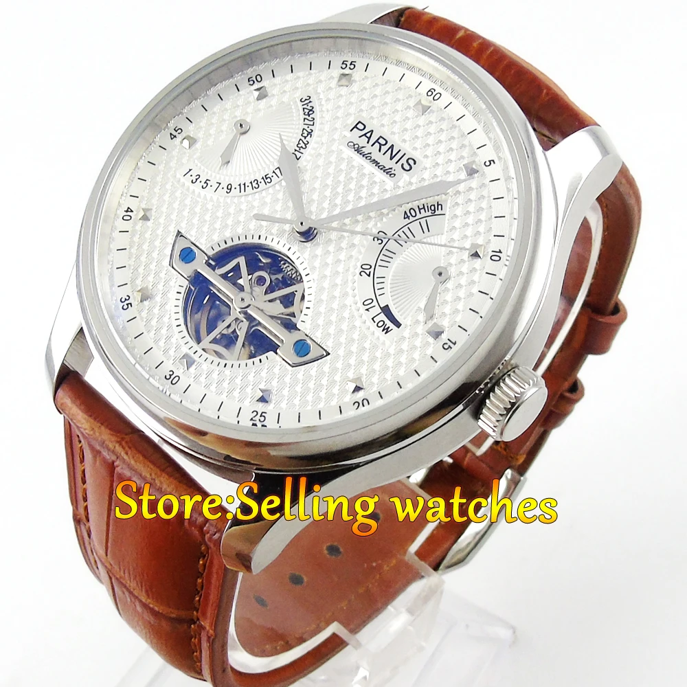 

Parnis 43mm White dial power reserve movement date brown strap Automatic movement Men's watch