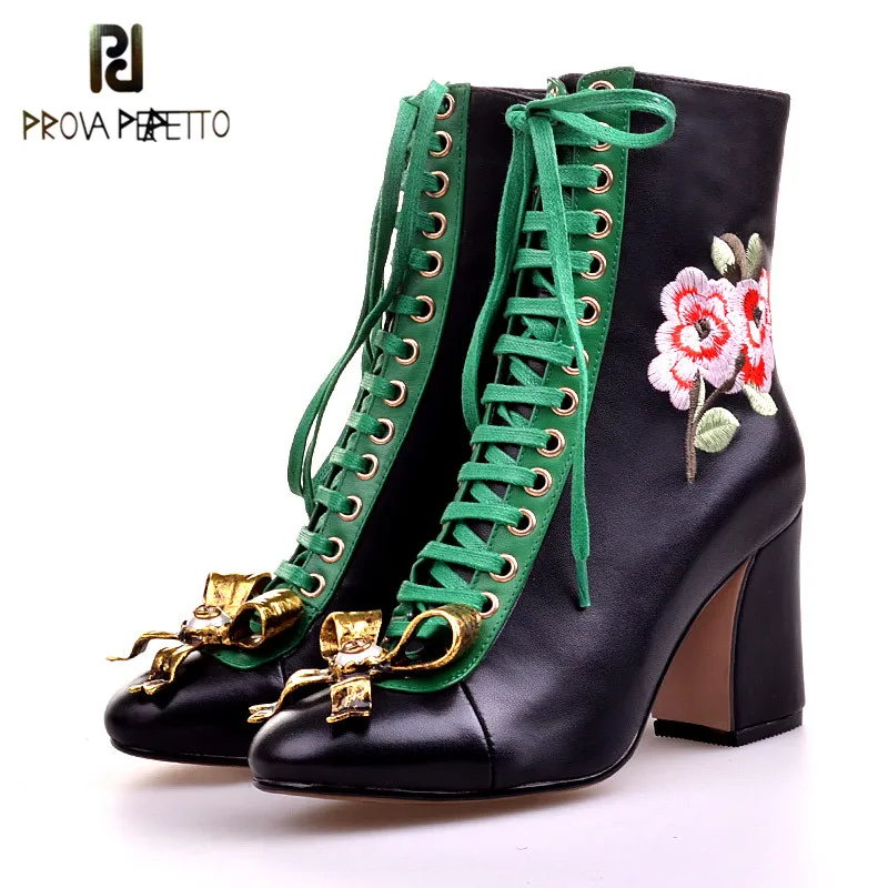 

Prova Perfetto New Women Luxury Embroider Flower Boots Genuine Leather Ankle Boots Womens Chunky High Heels Boots Lace Up Shoes