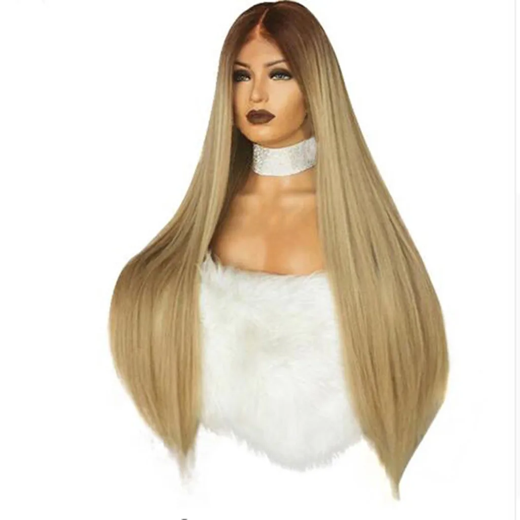 

Factory price 1pc Women Fashion Lady Gold Straight Lace Front Wig 26inch Heat Resistant Synthetic Fiber Wigs Stand Mar15