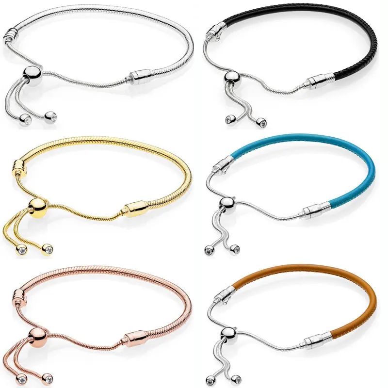 

Moments Leather & Rose With Adjustable Sliding Clasp Bracelet Fit Pandora Snake Bangle 925 Sterling Silver Bead Charm Jewelry