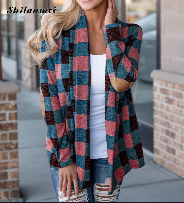 

2019 Autumn Plaid Cardigan Women Coat Casual Long Sleeve Knitted Cardigans Kimono Open Front Knitting Sweater Tops Poncho Coats