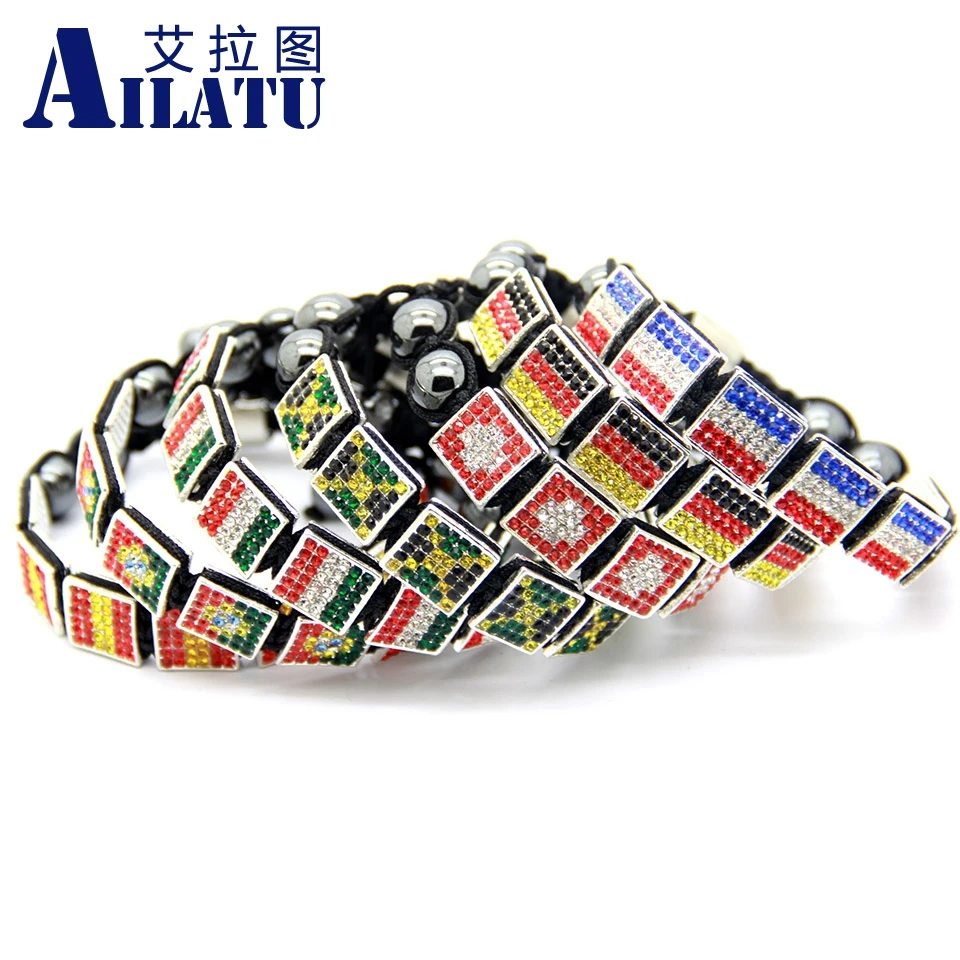 

Ailatu 5 or 4 Pieces/lot Crystal Square Flag Macrame Bracelet Italy, Portugal, Spain, Jamaica, France, Switzerland, Germany