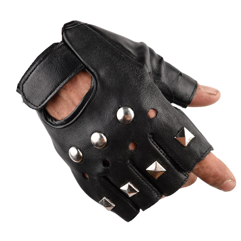 Unisex Half Finger Rivet Glove Wrist Fingerless Mittens PU Leather