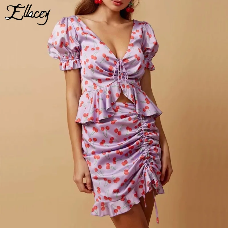 

Ellacey 2019 Summer Cherry Print Skirt Set Prairie Chic V-neck Ruffles Shirts Mini Skirt 2 Piece Set Women Drawstring Skirt Suit
