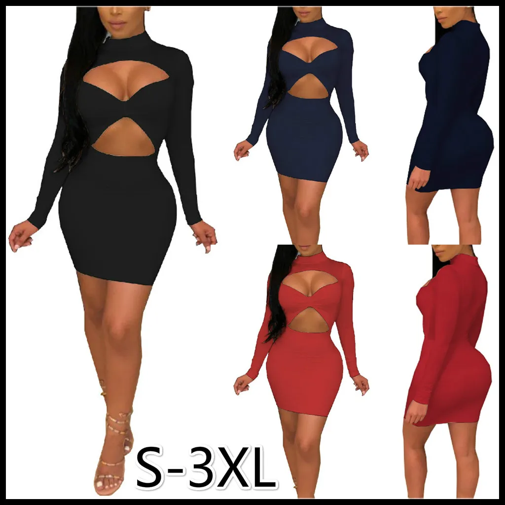 

3colors Women's Fashion Spring Hollow Out Sexy Solid Color Long Sleeve Club Pencil Dress Party Dresses Women Evening Gift S-3XL