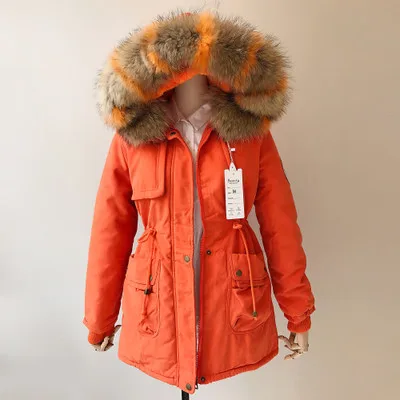 Новинка года, зимняя куртка для женщин, пальто с натуральным меховым воротником, женская верхняя одежда, повседневная тонкая оранжевая хлопковая стеганая Женская модная теплая куртка L252 - Цвет: Orange