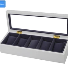Роскошный дизайн для пользовательского логотипа новейшая мода приглушенный белый деревянный 5 слотов коробки для часов черный бархат Подушка Дисплей Коробка для хранения
