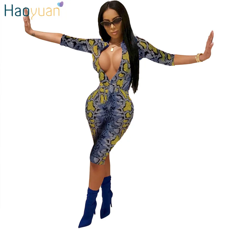 HAOYUAN الأفعى طباعة Playsuit مثير ازياء عارضة وزرة قطعة واحدة Bodycon السراويل ثوب فضفاض للمرأة بذلة جلد الثعبان ارتداءها