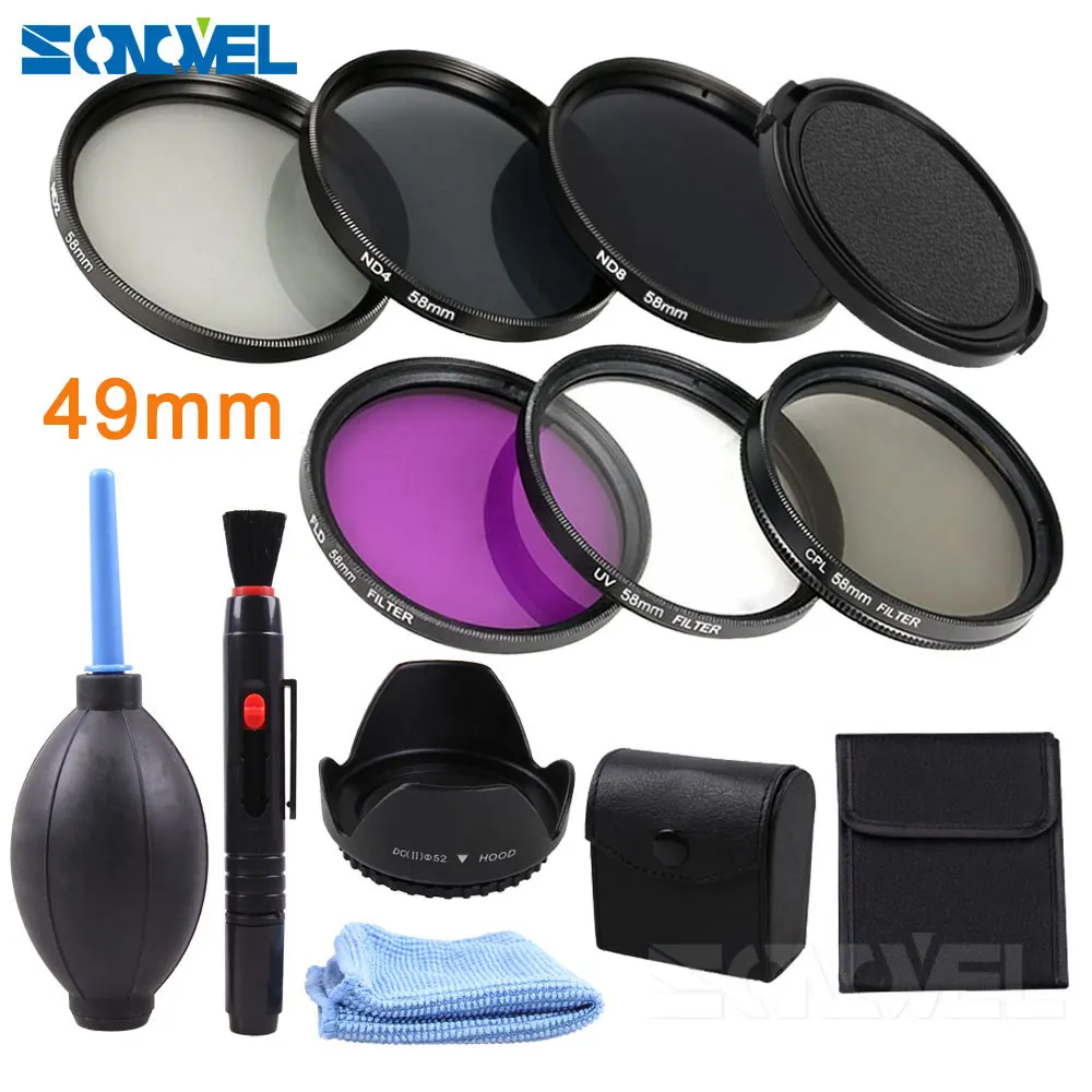 49 52 55 58 62 67 72 77 82 мм UV CPL FLD ND2 ND4 ND8 Комплект фильтров нейтральной плотности+ бленда+ чистящий комплект для Canon sony Nikon - Цвет: 49mm