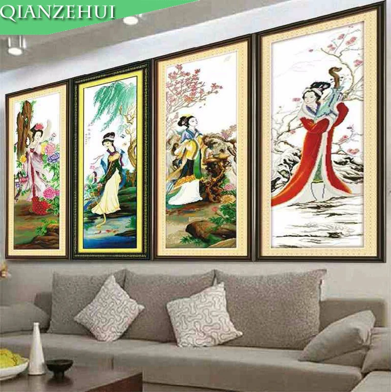QIANZEHUI Needlework DIY printing Four beauty Cross stitch character series Sets For Embroidery kits Cross-Stitching | Дом и сад