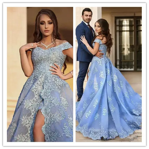 

2019 Light Blue Arabic Evening Dresses Women Engagement Dress With Lace Applique Sexy High Slit Prom Dress Robe De Soiree Longue