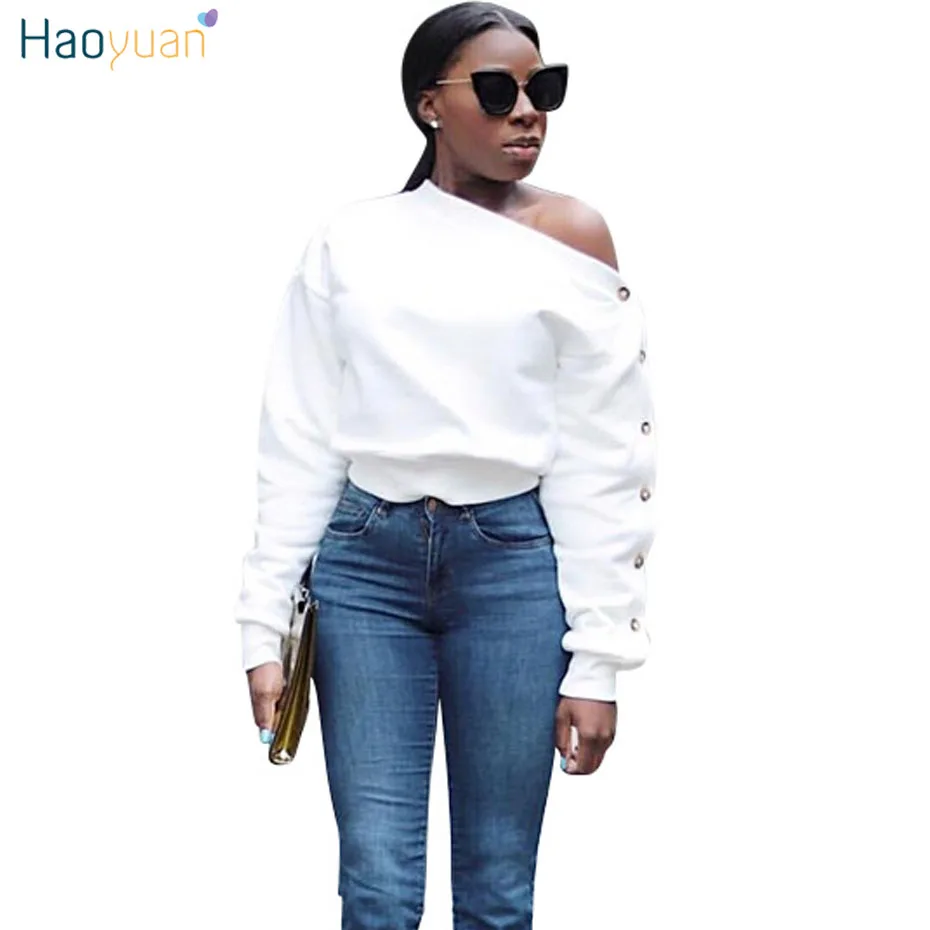  HAOYUAN Autumn Streetwear Pullover Women Sweatshirt Casual Korean One Shoulder Long Sleeve Top Sexy