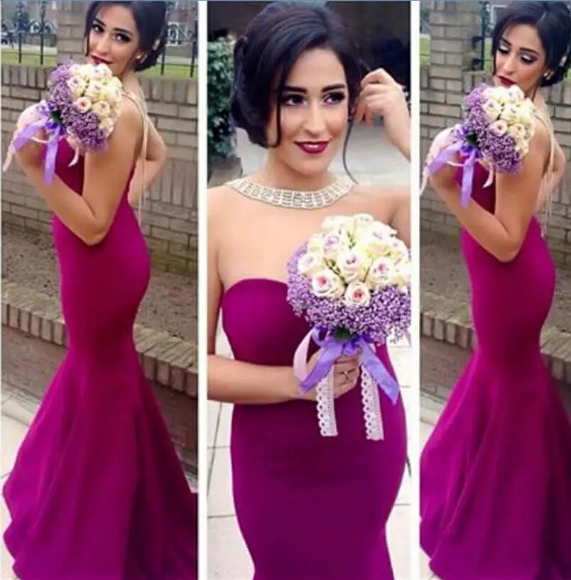 Fusia Русалка Атласа Bridesmiad Платья 2017 Sexy Jewel Декольте С Плеча Bridalmaid Арабский Vestido Де