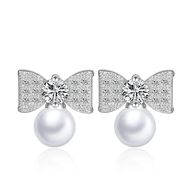 Fashion Pearl Stud Earrings Full Crystal Bow Design High Quality
